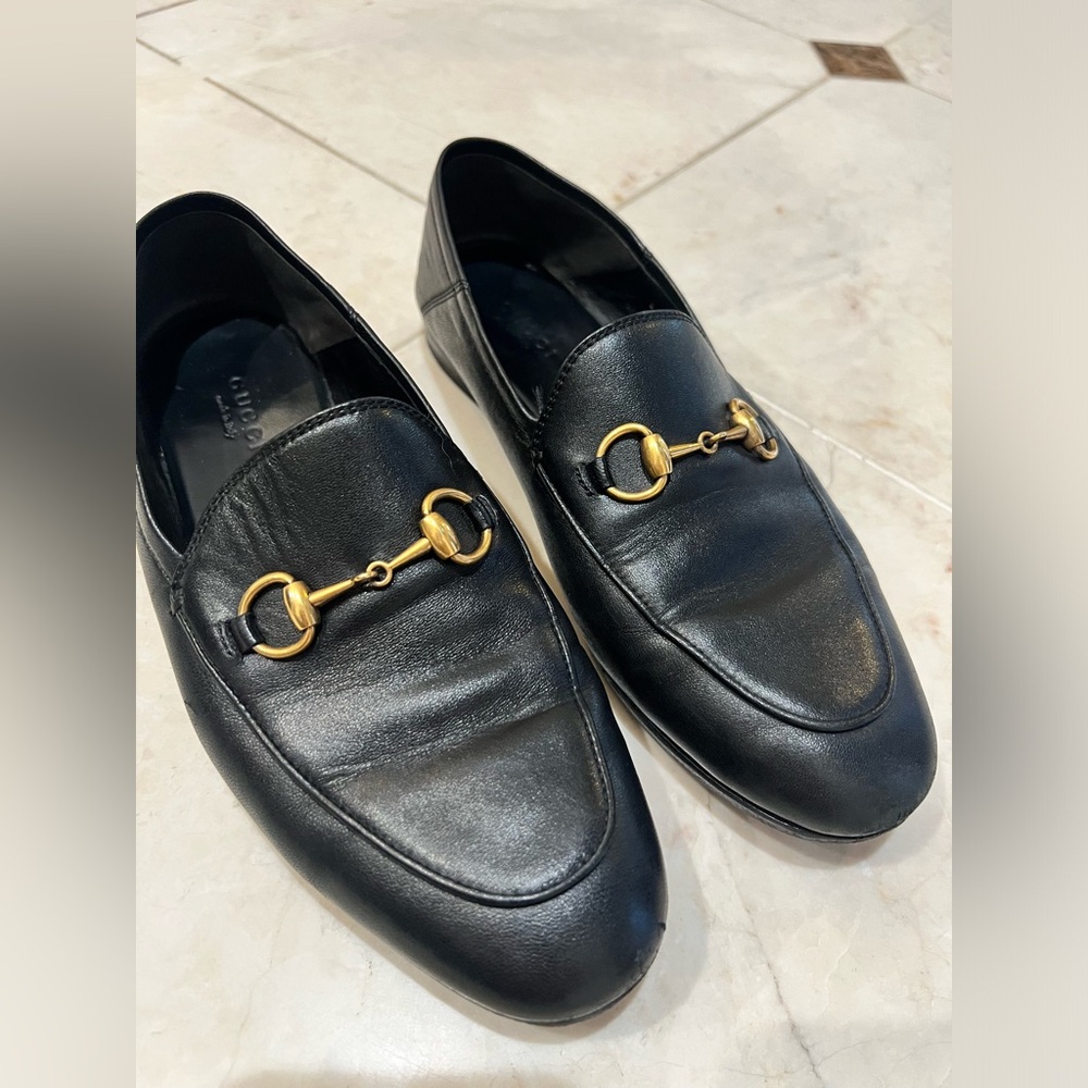Gucci Womens Brixton Horsebit Loafers Shoes Black Leather Flat Gold EU 36 US 6